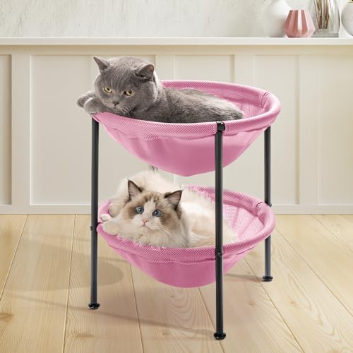 JUNSPOW Double Cat Bed Pink, Breathable Pet Bed for 2 Cats with 4 Adjustable Feet & Anti-Slip Mats, Easy Assembly Cat Hammock for Multi-cat Household, Indoors & Outdoors, 22.8 in x18.7 in x 18.7 in - color: Pink, size: 18.7"L x 18.7"W x 22.8"Th (Mesh)