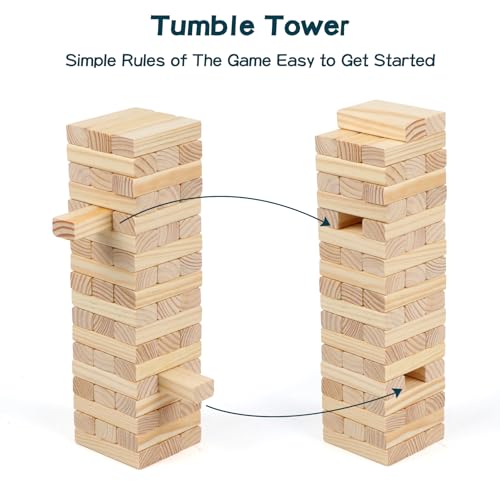 54PCS Classic Block Stacking Board Game Wooden Blocks Stacking Games for Kids and Families Tumbling Tower Blocks Game for Kids and Adults with Storage Bag