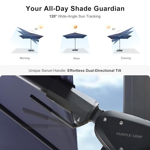 PURPLE LEAF 10 Feet Patio Umbrella Outdoor Cantilever Solar Powered LED Swivel Square Umbrella Aluminum Offset Umbrella with 360-degree Rotation for Garden Deck Pool Patio, Navy Blue - color: Navy Blue, size: 10' X 10', style: Left-right Tilt（LED）
