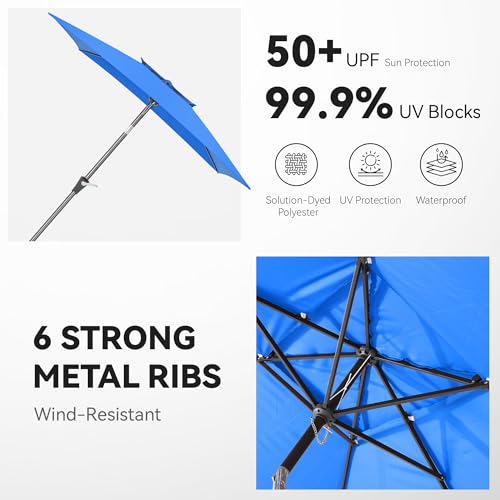 6.6 x 10 ft Rectangular Patio Umbrella, Outdoor Market Table Umbrella with Push Button Tilt and Crank, Double-Tier Vent, 6 Ribs, Rectangle Patio Umbrella for Backyard, Deck, Pool, Fits 4–6 Chairs and Tables (Blue) - color: Blue
