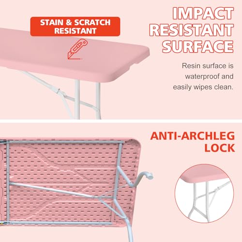 Portable 8Ft Folding Table, Heavy Duty Plastic Fold-in-Half Utility Foldable Dining Table, Multi-Purpose Plastic Folding Table with Carrying Handle for Camping and Party Indoor/Outdoor (Pink) - color: Pink, size: 8Ft