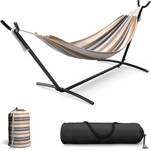Sorbus 2-Person Hammock with Stand – 60" Cotton Blend Bed, Heavy Duty 450lbs Capacity, Portable with Carrying Case – for Garden, Patio, Outdoor, Camping, Gifts – Washable - color: Desert-brown Blue