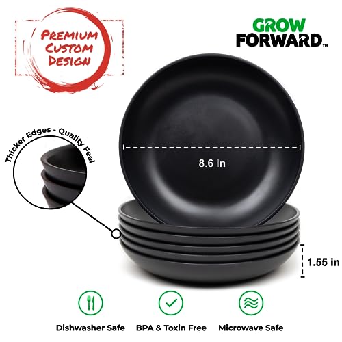 Grow Forward Premium Wheat Straw Pasta Bowls - 30oz Unbreakable Wide & Shallow Dinner Plate Bowls Set of 6 - Microwave Safe Reusable Plastic Pasta Bowls for Kids, Adults, Salad, Camping, RV - Midnight - color: Midnight Black, size: 30oz