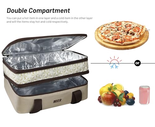 MIER Insulated Double Casserole Carrier Bag Thermal Lunch Tote for Lasagna Lugger, Potluck Parties, Picnic, Beach, Fits 9 x 13 Inches Baking Dish, Casserole Dish, Expandable by Mid Zipper, Khaki - color: Khaki