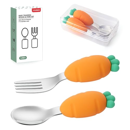 Baby Fork and Spoon Set with Carry Case Baby Training Utensils Self Feeding Toddler Silverware Silicone and Stainless Steel Kids and Toddler Utensil Set-Carrot - color: Carrot