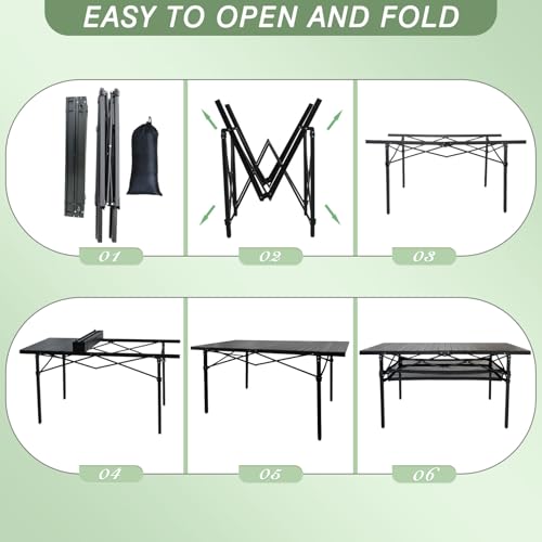 Large Folding Camping Table Aluminum with Storage for 4-6 People 55"X27.5" Roll Up Tall Outdoor Portable Table Lightweight with Carry Bag for Picnic BBQ Backyard Beach - color: Black-55*27.5-2.08in Panel