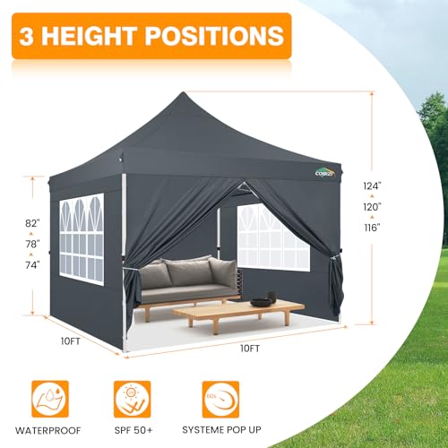 COBIZI 10x10 Pop Up Canopy with 4 Sidewalls, Canopy Tent 10x10 for Parties, Backyard, Commercial, Waterproof and Portable Instant Shelter UV50+ Outdoor Gazebo with 4 Sandbags(Gray) - color: Gray, size: 10x10FT