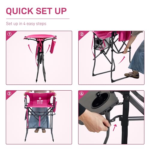 EVER ADVANCED Portable 30.7" Seat Height Tall Folding Camping Chair Directors Chair High Foldable Bar Stool with Side Table for Makeup Artist, Sports Event, Craft Show, Supports 350LBS - color: Pink