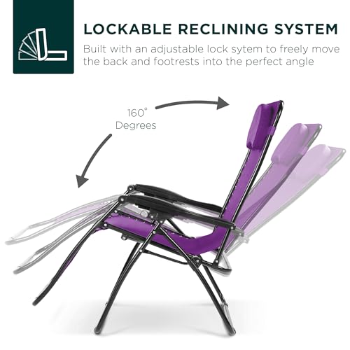 Best Choice Products Oversized Zero Gravity Chair, Folding Outdoor Patio Lounge Recliner w/Cup Holder Accessory Tray, Pillow - Amethyst Purple - color: Amethyst Purple