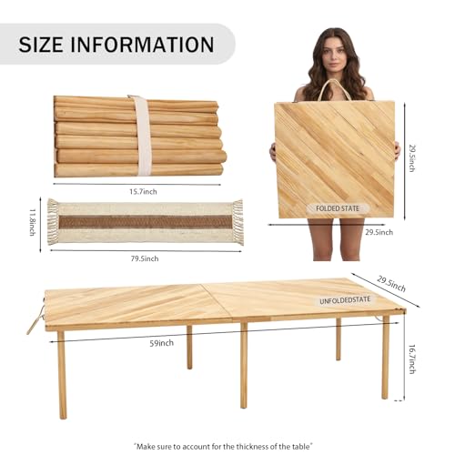 Boho Picnic Table, Portable Low Floor Sitting Table, Outdoor Folding Low Picnic Table for 6 Person, Wooden Low Table with Table Runner for Backyard, Beach, Camping, Wedding
