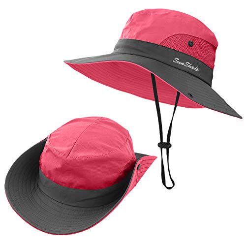 3 Pieces Womens Ponytail Wide Brim Sun Hat Packable UV Protection Beach Cap for Fishing & Hiking - color: Purple＆watermelon Red＆pink