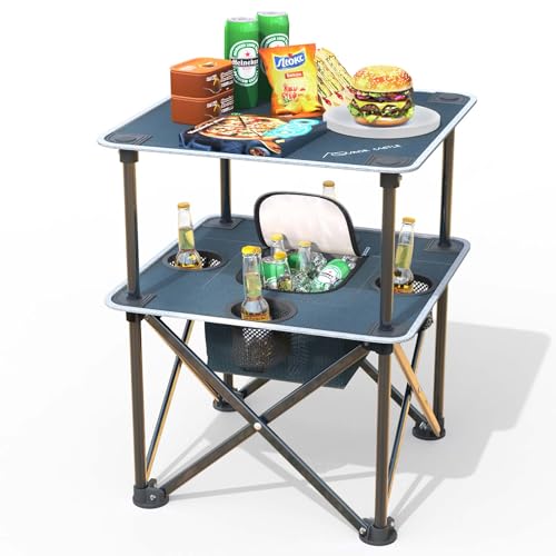 Folding Beach Table, Camping Table for Sand with Insulated Cooler Storage & 4 Cup Holders, Portable Pop Up Picnic Table, Lightweight Side Table for Outdoor - color: Blue-gray With Basic Insulation