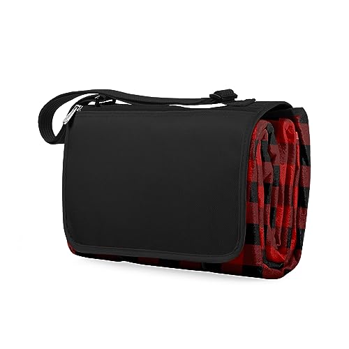 PICNIC TIME Outdoor Picnic Blanket Tote, 59"x51" Foldable Beach & Camping Blanket with Soft Fleece, Water-Resistant Bottom, Adjustable Strap & Zippered Pocket (Red & Black Buffalo Plaid) - color: Red/Black Buffalo Plaid