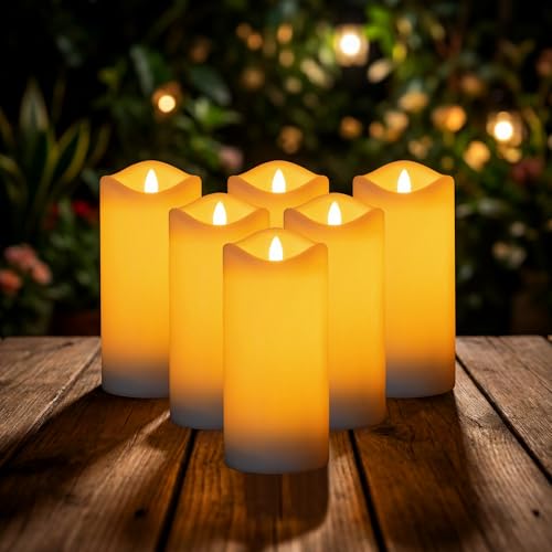 Livinlarge 3"x6" Large Outdoor Solar Candles Waterproof, Rechargeable Solar Powered Flameless Flickering LED Pillar Candle for Patio Yard Deck Window Table Decor, Holiday Gifts for Mom and Wife, 6pcs - color: D3"xH6", 6 PCS