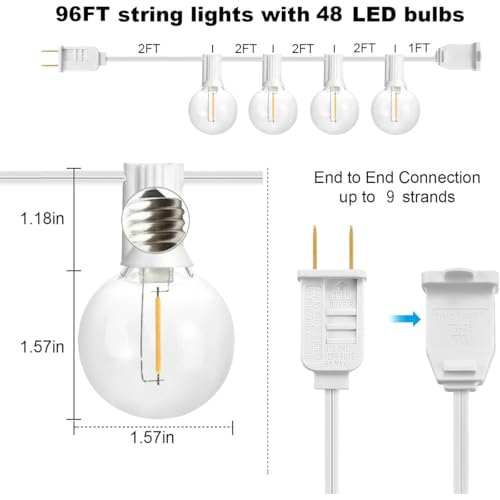 SUNTHIN White String Lights, 97FT White Outdoor Lights with 49 G40 Shatterproof LED Bulbs(1 Spare), Waterproof Conectable Hanging Outside Lights for Yard, Porch, Deck, Garden, Pergola - color: White, size: 97FT