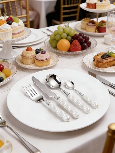 Stainless Steel Flatware Set, 4-Piece Heavy Duty Cutlery Set with Dinner Knife, Fork & Spoons, Tableware Gift for Daily Use Wedding Housewarming Baby Shower Birthday Gifts(White) - color: White
