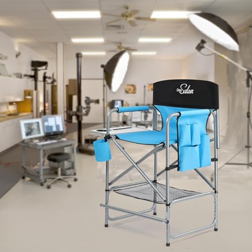 mefeir 26" Extra Tall Director Chair w/Side Table, Heavy-Duty Steel Frame Portable Folding Bar Stool w/Storage Pockets, for Makeup Artist, Salon, Studio, Camping, 300 lbs Capacity (Blue) - color: Black/Blue, size: 31in