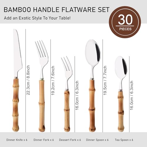 30PCS Silverware Set for 6, Bamboo Handle Flatware Set, Stainless Steel Cutlery Set for Home Restaurant and Party, Bamboo Forks Spoons and Knives Set, Polished Tableware - color: 30-Piece Service for 6