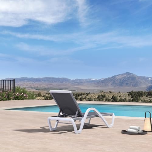 PURPLE LEAF Patio Chaise Lounge Chair Outdoor Plastic Textilene Sun Bathing Recliner Tanning Pool Lounger with 6 Adjustable Position for Outside Beach in-Pool Lawn Poolside, Grey - color: Grey, style: 1 chair(w/Arms)