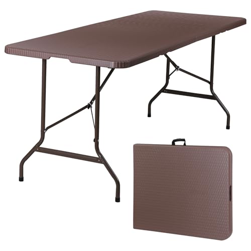 SUPER DEAL 6FT Folding Table for Indoor Outdoor, Portable Heavy Duty Fold-in-Half Plastic Dining Picnic Party Camping Table with Carrying Handle, Brown - color: Brown, size: 71"x27", style: Rectangular