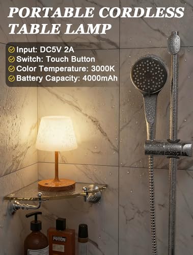 Kakanuo Cordless Shower Lamp Waterproof, Cordless Lamp with 4000mAh Battery, Rechargeable Table Lamp, Touch Dimmable Desk Light for Outdoor, Kitchen, Bathroom, Camping, Patio, IP54 - color: Wood Grain