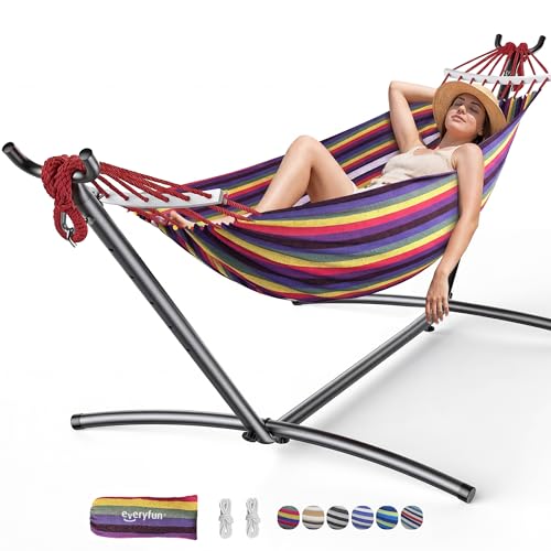 EveryFun Double Hammock with Heavy-Duty Steel Stand,Portable,Easy Assembly,600lbs Weight Capacity,Perfect for Indoor,Yard,Camping,or Outdoor-Rainbow - color: Dc-rainbow