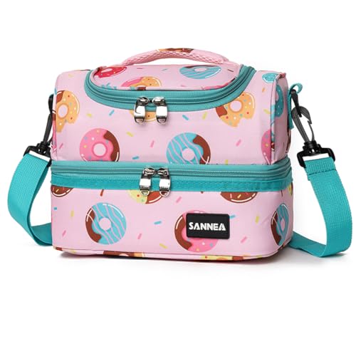 Double Deck Lunch Bag Cooler Insulated Lunch Box Tote 7L Pink Donut Bento Bags with Removable Adjustable Strap - color: 7L Pink Donut