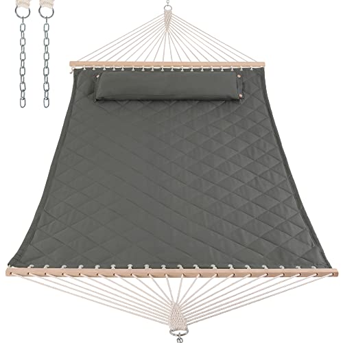 ANOW 2 Person Hammock with Spreader Bars and Detachable Pillow, Quilted Hammock for Outdoors Indoors, 450 LBS Weight Capacity, Gray - color: Grey, size: 2 Person Without Stand