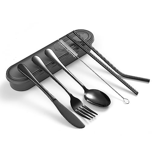 Portable Utensils Set with Case, 4pcs Stainless Steel Reusable Silverware for Lunch Camping School Picnic Workplace, Lunch Box Includ Fork Spoon Knife,Easy to clean,Dishwasher Safe (grey) - color: Gray
