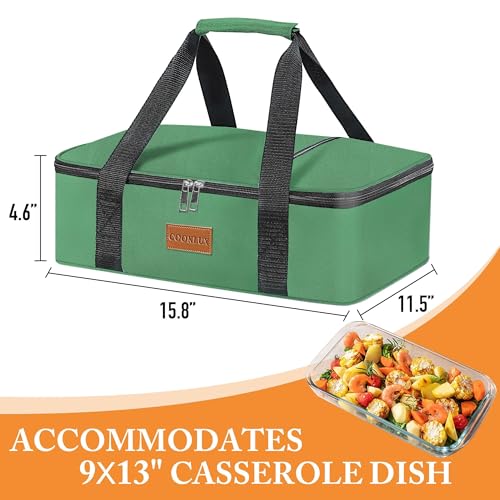Insulated Casserole Carrier - Insulated Thermal Carry Bag for Hot or Cold Food, 9"X13" Casserole/Baking Dish Carrier for Travel/Party, Durable Nylon, Green, Single Layer with Zip Pockets - color: Green - 1
