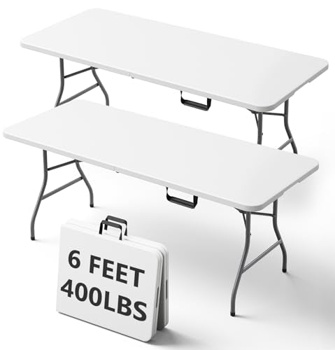 6FT Folding Table, Heavy Duty Plastic Fold-in-Half Utility Table with Handle, Portable Camping Picnic Table with Steel Legs for Indoor Outdoor Party, Dining, White,2 Pack - color: White, size: 6FT-2pack