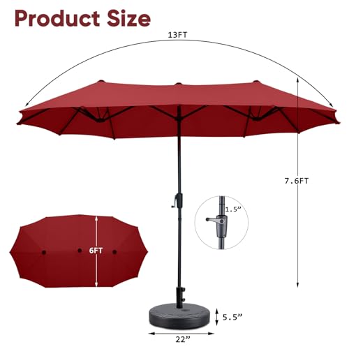 13Ft Large Patio Umbrella with Base Outdoor Double-Sided Market Extra Large Table Umbrella Easy Crank for Yard, Poolside, Deck-Red - color: Red, size: 13FT Umbrella+Base