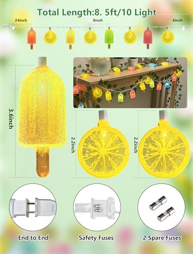 8.5FT Popsicle and Lemon String Lights, Tropical Beach Decorations Lights with 10 Multicolor Popsicle Lemon Bulbs, UL Listed Waterproof Fairy Lights for Summer Party Patio Bedroom Holiday Camping - color: Lemon/Popsicle