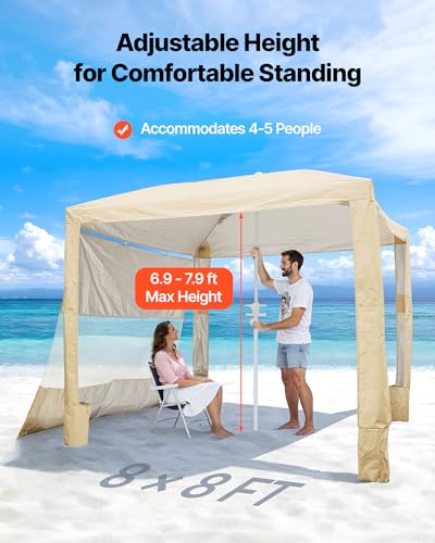 VEVOR Beach Cabana, 8 x 8 ft Beach Canopy with Side Wall, UPF 50+ Protection Easy Setup Cabana Tent with Sand Pockets, Adjustable Height Portable Shade Sun Shelter Umbrella for Family & Friends, Khaki - color: Khaki, size: 8*8