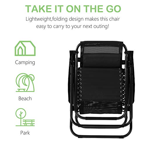 Meet perfect Folding Zero Gravity Chair Padded Outdoor Reclining Lounge Chair Wide Armrest Adjustable Pillow and Utility Tray Mesh Antigravity Chair Steel Frame Laydown Lawn Chair(Black)