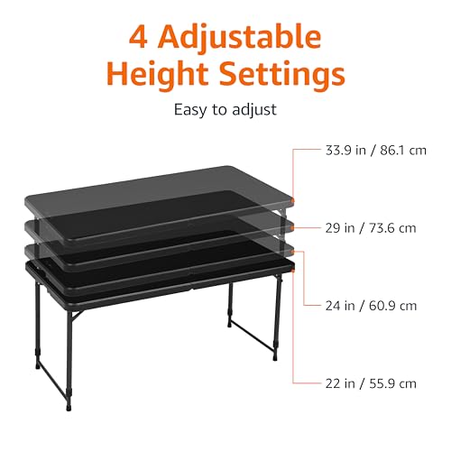 Amazon Basics Portable 4 Ft Rectangular Folding Dining Table, 4 Adjustable Height Settings, Space Saving Fold-in-Half Design and Carrying Handle, Indoor & Outdoor, Washed Black, 47.8 x 23.9 x 33.9 in - color: Washed Black