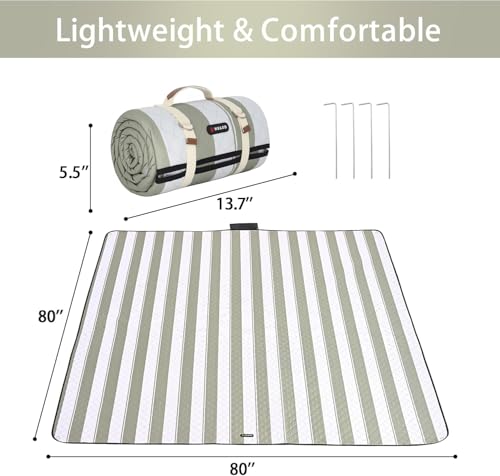 HX&OD Outdoor Picnic Blanket Extra Large, 80''*80' Waterproof Picnic Mat with Stakes Foldable Camping Blanket Portable with Carry Strap for Beach Mat (Green, 80''*80'') - color: Green& White, size: 6'8" x 5' (Rectangular)