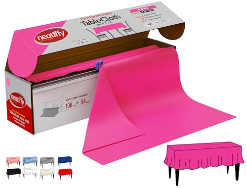 Neatiffy Disposable Plastic Table Cloth Roll | 54 in x 108 Ft Waterproof Tablecloth | Table Cover for Rectangle, Square, Round Oval Tables | Picnic, Party, Banquet, Birthdays, Weddings - Pink - color: Pink