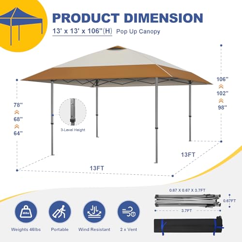 Explore Land 13x13 Pop Up Canopy with One Push Setup Heavy Duty Outdoor Sun Shade Tent for Beach,Camping,Events,Parties(Beige & Brown) - color: Beige & Brown, size: 13x13ft