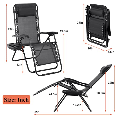 Zero Gravity Chair Set of 2, Folding Lounge Chair Adjustable Reclining Chair Camping Lawn Chair w/Pillow and Cup Holder Tray, Folding Chair Outdoor Chair - Comfortable & Breathable, Black - size: 2 Piece