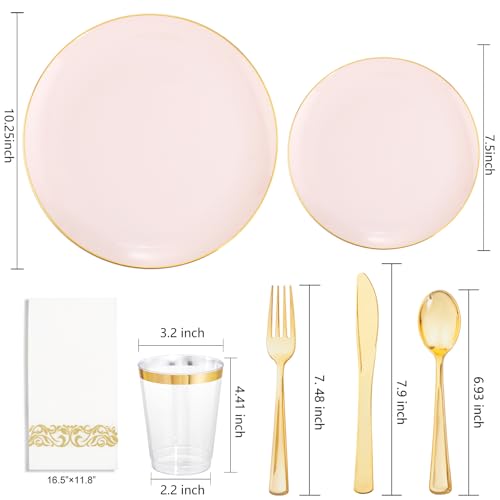 Supernal 350pcs Pink Plastic Plates,Plates Disposable Heavy Duty,Pink Disposable Plastic Dinnerware Set Include 50 Dinner Plate,50 Dessert Plate,50 Gold Cutlery,50 Cups&50 Napkins for Party&Wedding - color: 350pcs Pink and Gold Plastic Dinnerware Set