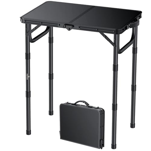 FUNYKICH 2ft Small Folding Camping Table(22.8'' Lx15.7'' W), 3 Height Adjustable Portable Picnic Table, Lightweight Aluminum Outdoor Table with Carry Handle for Camping, BBQ, Beach, Picnic, Black - color: Black, size: Tabletop size: L22.8"xW15.7"