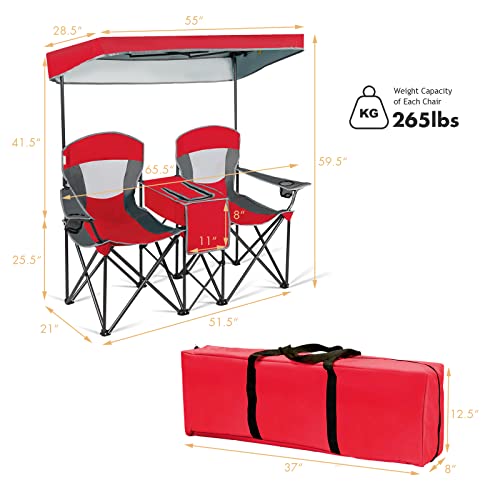 DORTALA Double Camping Chair with Canopy, 2 Person Folding Beach Chair with Canopy Shade, Table Beverage Holder and Storage Bag, Double Rocker Chair Outdoor for Camping, Beach, Picnic, Red - color: Red