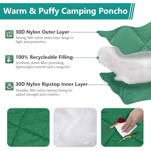Camping Outdoor Blanket, Ultralight Down Alternative Printed Travel Camp Blankets for Sleeping Packable Waterproof Puffy Quilt for Hammock Picnic Stadium Beach Cold Weather (Green Blanket Poncho) - color: Green Blanket Poncho