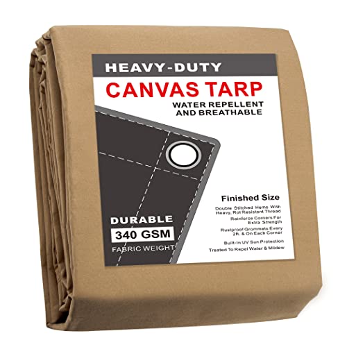 CARTMAN Finished Size 6x8 Feet Tan Canvas Tarp with Rustproof Grommets, 12 Oz Heavy Duty Multipurpose Tarpaulin Cover for Canopy Tent, Roof, Camping, Woodpile - color: Tan, size: 6'x8'