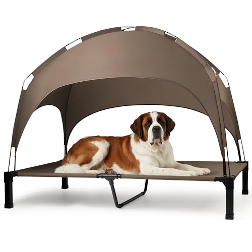 Heeyoo Elevated Dog Bed with Removable Canopy, Portable Dog Cot with Sun Protection Shade Tent, Raised Pet Cooling Cot Bed for Dogs, 60in - color: Brown, size: 60"L x 36"W x 9.5"H