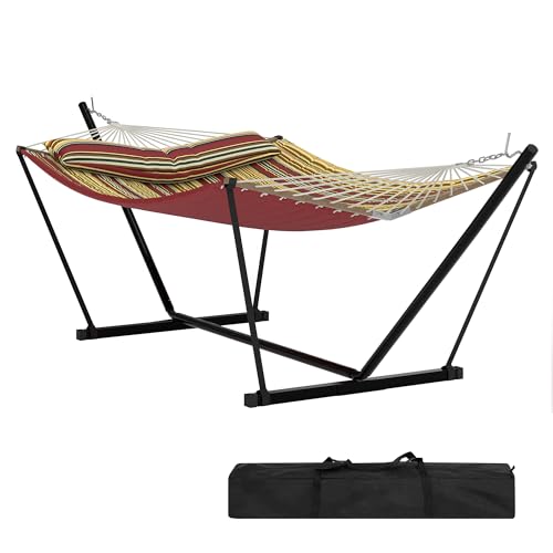 2 Person Double Hammock with Adjustable Steel Stand & Pillow, Heavy Duty Portable Outdoor Hammock Set, MAX 450 LBS Weight Capacity for Patio, Garden, Beach, Backyard - color: V-wine Red & Brown-yellow Striped