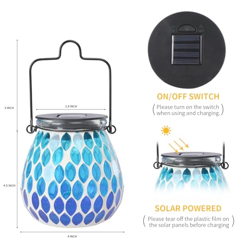 Afirst Mosaic Solar Lanterns - Glass Hanging Lights Hollow Out Waterproof Decorative for Garden, Patio, Holiday Party Outdoor Decoration, Blue-C, 5009420 - style: Ocean Blue