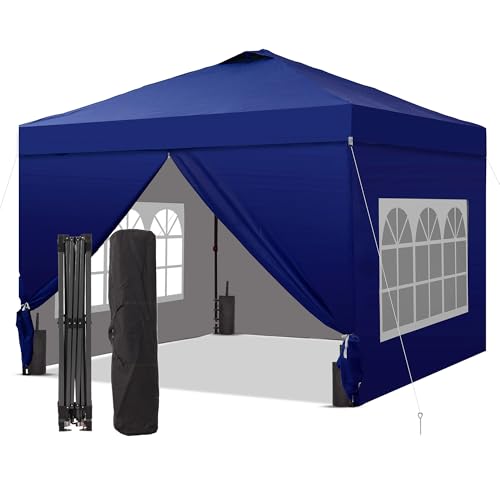 GDY 10x10 Pop Up Canopy Tent with 4 Sidewalls, Easy Set up with One Push Lift Outdoor Silver Coated Beach Gazebos, Carpas with 4 Sandbags, for Events, Parties,Camping, Navy Blue. - color: Navy Blue, size: 10x10 with 4 Sidewall