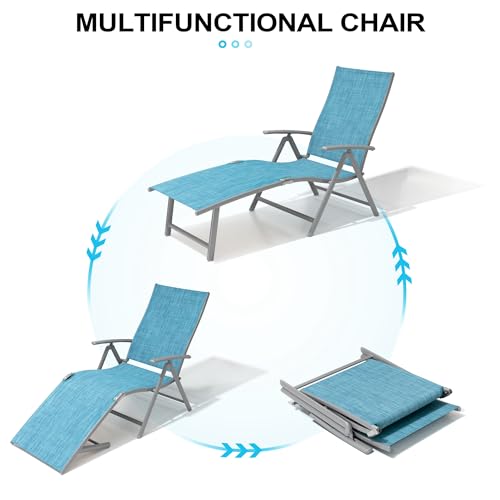 Crestlive Products Chaise Lounge Chair Outdoor Set of 2, Aluminum Folding Patio Recliner Chair, Adjustable 8 Positions Assemble-Free Perfect for Beach, Yard, Pool, Deck - color: Blue, size: 2 Pcs
